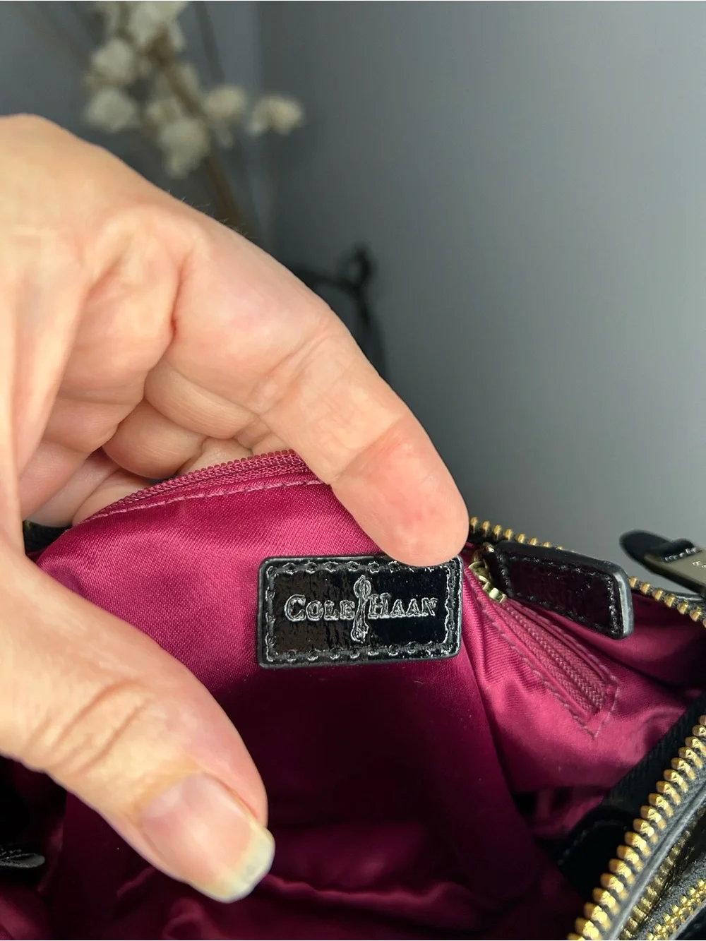 Cole Haan Black Patent Leather Pink Interior Double Zip Crossbody Bag